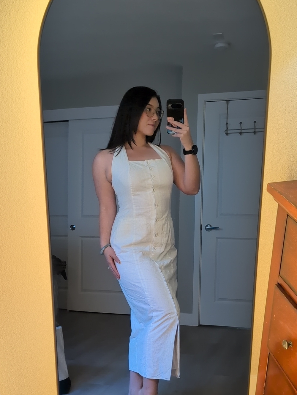 Commense White Cotton/Linen Blend Button-Front Maxi Dress